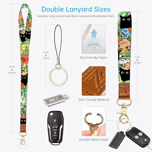 2-in-1 ID Badge Holder & Lanyard Wallet，Cute Zippered Pouch Cat Flowers | for Teachers,Nurse,Professionals，Removable Wristlet & Neck Lanyard,5 Card Slots Stylish Work Essential - color: Cat Hidden Among the Flowers
