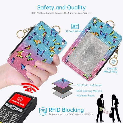Butterfly 2-in-1 ID Badge Holder & Lanyard Wallet for Teachers,Nurse,Professionals-Cute Zippered Coin Pouch,Removable Wristlet & Neck Lanyard,5 Card Slots Stylish Work Essential - color: Butterfly