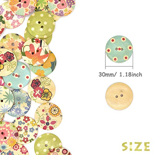 Renashed 50Pcs Mixed Color Design Wooden Buttons in Bulk for Crafts Scrapbooking or Sewing and DIY Craft (30mm) - size: 30mm