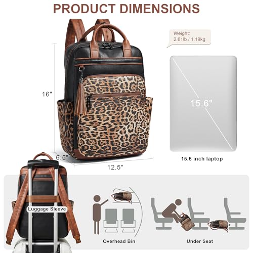 Laptop Backpack for Women 15.6 inch Travel Leather Backpack Purse Work Computer Backpacks for Business College Black With Leopard - color: Black With Leopard