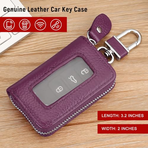 Car Key Fob Case, Remote Keys Storage Bag with Metal Hook & Transparent Window, Waterproof Leather Auto Key Fob Holder Keychain Zipper Bag for Women Men, Car Accessories (Purple) - color: Purple