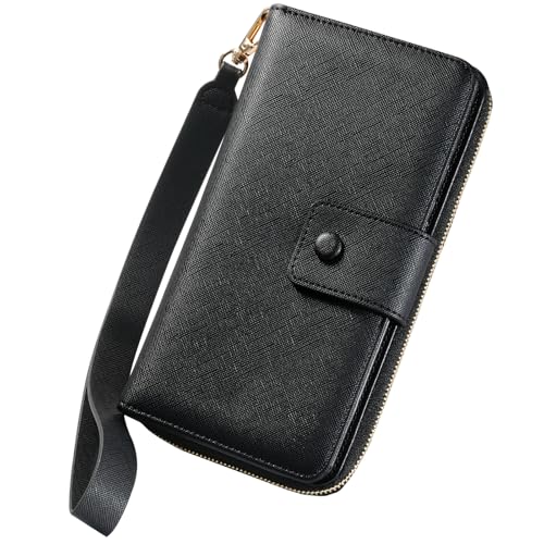 TiMOVO RFID Leather Wallet with Wrist Strap for Women, Black | 12 Card Slots, Large Capacity Travel Purse, Anti-Theft RFID Blocking PU Leather, Portable Daily & Trip Use - color: Black