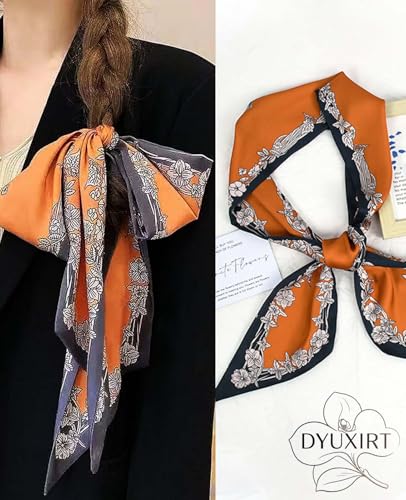 Head Scarf Purse Handle Neck Satin Hair Scarfs For Bag Lightweight Silky Long Thin Women's Fashion Scarves 59 * 5.9” - color: H2-orange Background With Floral(59*5.9inch)
