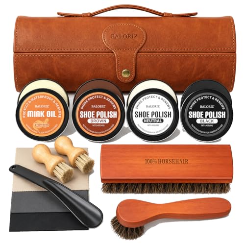 13Pcs Shoe Polish Kit, Shoe Shine Kit for Men & Women with Horsehair Brush, Mink Oil for Leather Boot Shoe Care Kit - color: Brown