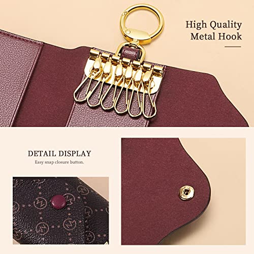 GOLF SUPAGS Women PVC Leather Car Key Chain Card Holder Wallet Pouch 6 Hook Snap Closure keys Money Organizer Case | Card Holder - color: Brown×Wine