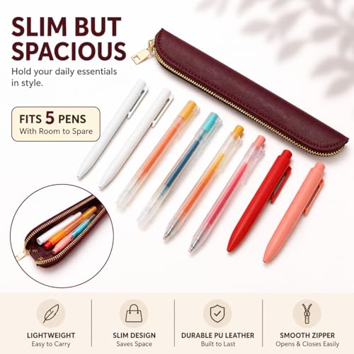 Slim Pencil Case Skinny Pen Case Pen Pouch (FL Burgundy) | Smooth gold zipper; wipe-clean faux leather; fits a few gel writers and a stylus; slips into planners backpacks and totes - color: Burgundy