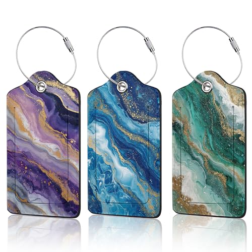 3 Pack PU Leahter Abstract Marble Liquild Luggage Tag with Stainless Steel Loop,Colorful Travel Suitcase Labels with Privacy Cover ID Label Quickly Spot for Bags - color: Abstract Marble Liquild