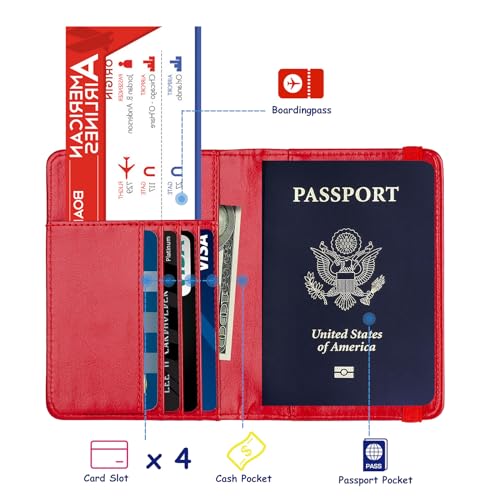 TOURSUIT RFID Blocking Passport Holder, Leather Travel Wallet, Red - color: Red