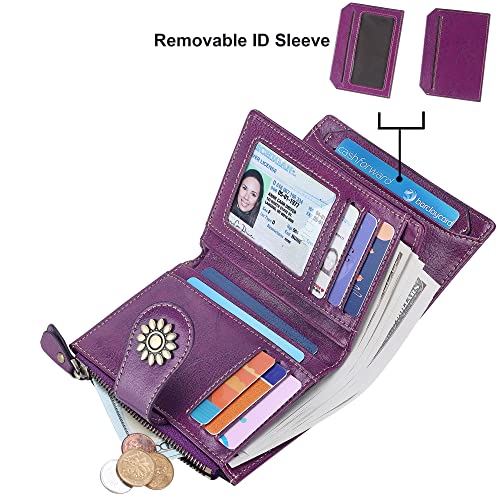 Womens Leather Wallet Small Compact RFID Blocking Credit Card Case Purse with Zipper Pocket | Small - color: Dark Purple