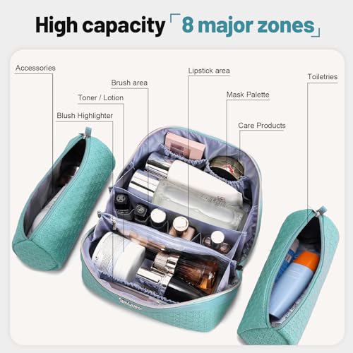 BOYATU Travel Makeup Bag Cosmetic Bags for Women: 3 Pcs Set Make up Bag | Large Capacity Waterproof Vegan Leather Organizer Bags with Compartments - Lay flat Toiletry with Handle (M-75Blue) - color: M-75Blue