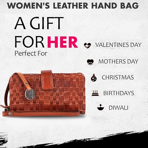 Genuine Leather Wallets for Women, Zipper Coin Purse | Small Wallet, Credit Card Holder with Strap, Woven Oil & Wax Leather Wristlet with YKK Zipper, VL-158-COGNAC, Cognac - color: Cognac