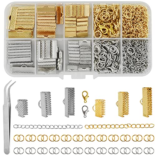 373Pcs Ribbon Bracelet Kit for Jewelry Making Ribbon End Crimps Lobster Clasps Awith Jump Rings and Chain Extenders for DIY Making Bookmark Pinch Bracelet Choker Necklace (Gold and Silver)