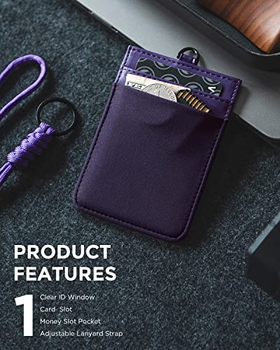 VULKIT ID Badge Holder with Lanyard for Women and Men Vertical Leather Badge Holder with Clear ID Window Card Holder Slot and Money Pocket Purple - color: Purple