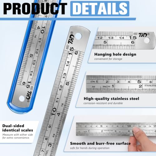 6 Pcs 6 Inch Stainless Steel Ruler Set, Metal Straight Edge with Inch and Metric Scale, Non Bendable Measuring Tool for Woodworking, Drafting, Sewing & Construction, Tailoring & Surveying - size: 6 Inch