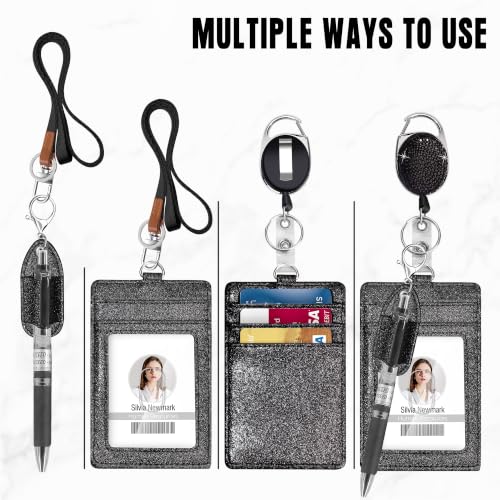 Retractable ID Badge Holder with Lanyard, Belt Clip Key Ring, Pen Holder - color: Black
