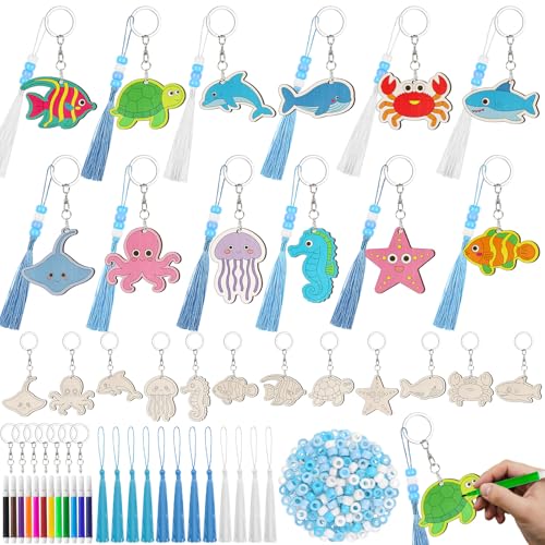 Cinrobiye 24 Set Under The Sea Party Favors Ocean Animals Keychain Craft Kits Bulk Sea Life Wooden Paint Keychains with Colored Pens Gift for Home School Art Craft Project Birthday Summer Party Favors - style: Ocean