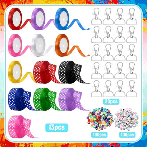 Zeyune 233 Pcs 20 Set DIY Bead Keychain Making Kits Bag Charm Beads Craft Ribbon Bow Key Chain Letter Alphabet Keychain Jewelry Backpack Accessories for Back to School Gifts Making Party Favor