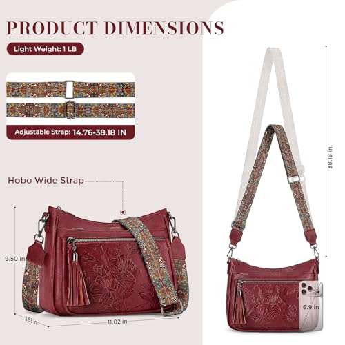 Crossbody Bags for Women, Medium Vegan Leather Purses | Large Capacity Multi-Pocket Embossed Shoulder Bag with Boho Strap for Daily Travel - color: Red