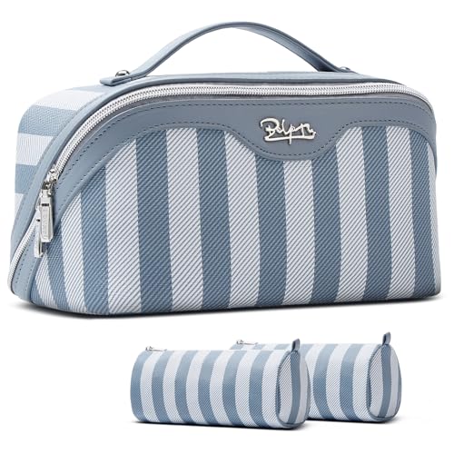 BOYATU Travel Makeup Bag for Women: 3 Pcs Set Striped Make up Bag,Blue | Vegan Leather Cosmetic Bags with Compartments - Waterproof Large Capacity Toiletry Bags - 180° Open-Flat Makeup Organizer - color: A-1-Blue