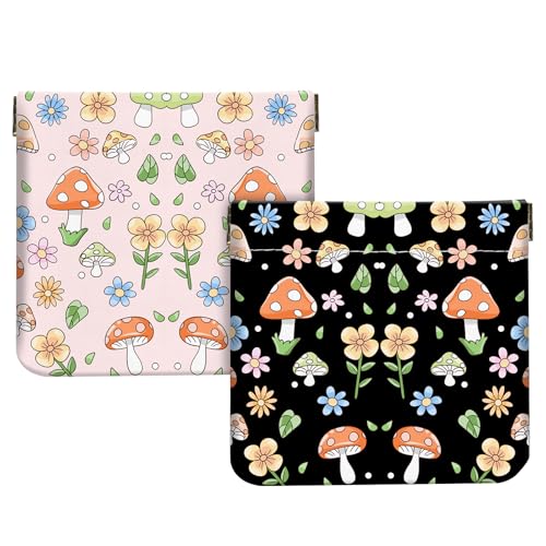 2Pcs PU Leather Small Squeeze Coin Purse Pouch Mini coin Bag Unique And Cute Wallet Cosmetic Bags Change Bag For Women Girls Men （Black and Pink Mushrooms - color: Black and Pink Mushrooms