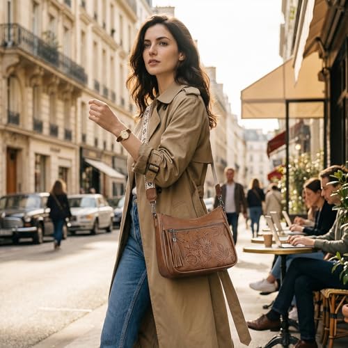 Crossbody Bags for Women, Medium Vegan Leather Purses | Large Capacity Multi-Pocket Embossed Shoulder Bag with Boho Strap for Daily Travel - color: Brown