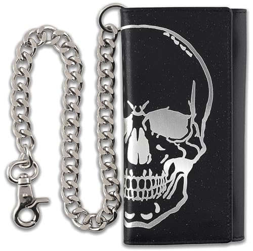 F&L CLASSIC RFID Blocking Mens Tri-fold Long Style Leather Steel Chain Wallet,black skull,212-50 - color: black /skull embossed