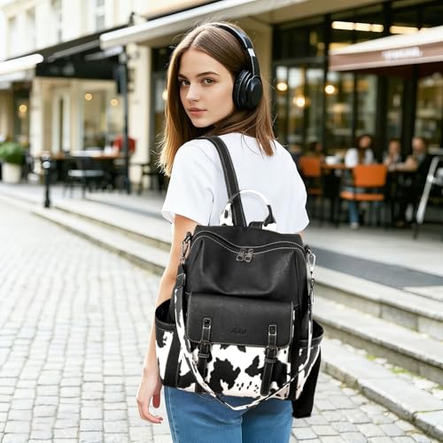 AGLOD Backpack Purse for Women PU Leather Back Packs Designer Ladies Shoulder Bag Fashion Faux Work Travel Handbags - color: Black Cow
