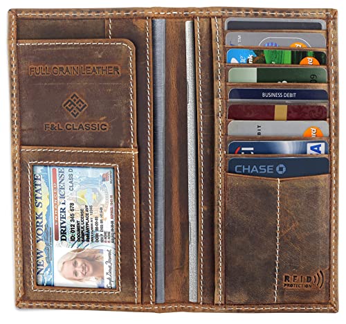 F&L CLASSIC Men's RFID Vintage Look Genuine Leather Long Bifold Wallet Checkbook Wallets,buffalo wax vintage leather,240 wax brown w/white stitching - color: buffalo wax vintage leather w/white stitching