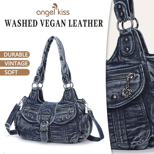 Angel Kiss Hobo Bags for Women Vegan Leather Shoulder Purses and Handbags Ladies Roomy Tote Bags Purse with Crossbody Strap - color: Denim Blue