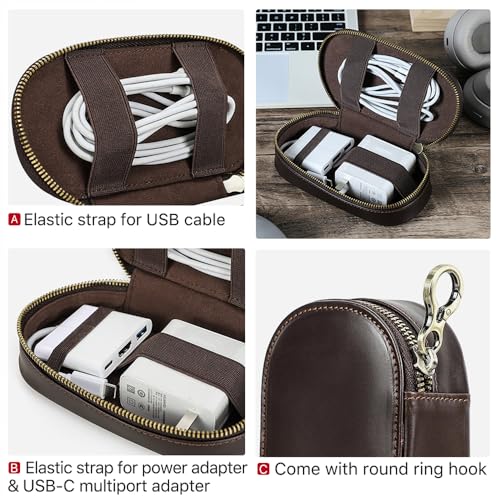 CONTACTS Full Grain Leather Electronics Organizer Small Cable Bag Handmade Tech Pouch Travel Organizer for Cable, Charger Cord