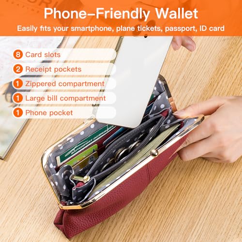 Women's Genuine Leather Wallet - Fashionable Kiss Lock Card Holder, Long Clutch Purse, Portable Large Capacity Travel Wallet (Rose Red) - color: Rose Red