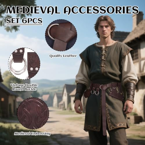 Renaissance Belt Pouch Medieval Pirate Costume Accessories Set for Cosplay | Viking Faux Leather Waist Bag, Skirt Hike Clips, Perfect for Women and Men Ren Faire, LARP, Fantasy, Halloween - color: Brown-W