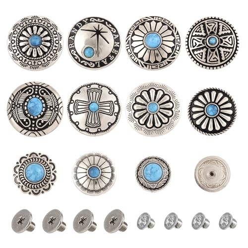 Spritewelry 48pcs/22 Sets Leather Decorative Conchos Stud Screw Back Buttons Imitation Turquoise Rapid Rivets Vintage Metal Button Replacement Alloy Buckle Rivet for Fabrics Sewing Decor - color: #02-Faux Turquoise-48pcs/22 Sets