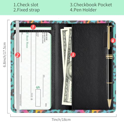Checkbook Cover for Personal Checkbook, Cute Pu Leather Check Book for Women & Men, Slim Checkbook Holder with Pen Holder and Built-in Clear Plastic Divider, Rainbow Leopard - color: Rainbow Leopard