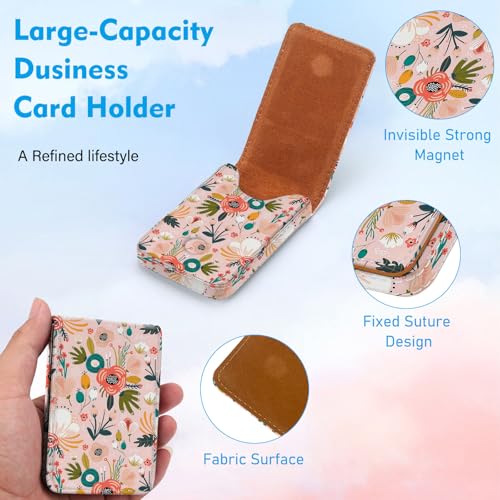 Business Card Holder, PU Leather Printing Business Card Case Pocket with Magnetic Shut, Portable Business Card Carrier Holder for Women or Men (Flower-Pink) - color: Flower-Pink