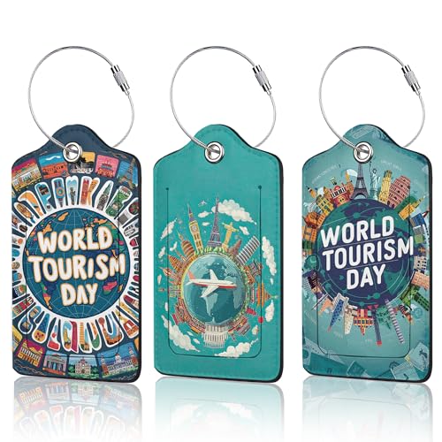 Travel Around The World Luggage Tags for Suitcase,3 Pack Go Travel Flight Views Luggage Tag Leather Privacy Cover ID Label with Stainless Steel Loop for Women Men - color: Travel Around the World