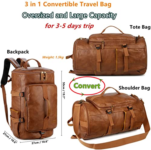 Baosha Stylish Vegan Leather Men Weekender Travel Duffel Tote Bag Backpack Travel Hiking Rucksack Overnight Bag 3-Ways Convertible HB-26 (Brown) - color: Brown