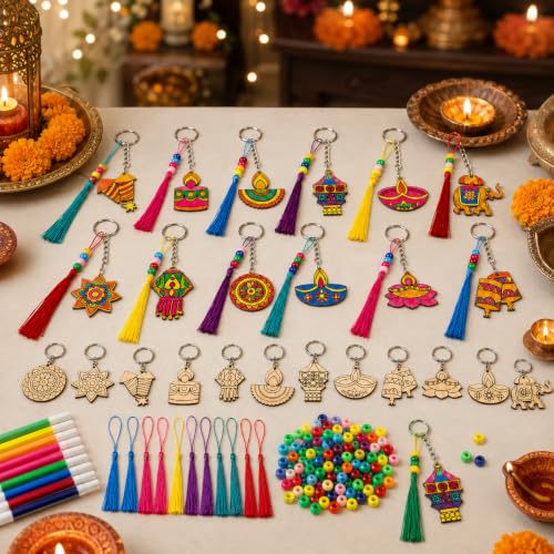 Cinrobiye 24 Set Happy Diwali Keychain Craft Kit DIY Wooden Keychain Painting Set with Colored Pens Festival of Lights Decor Activity for Hindu Celebration, Diwali Party Favors School Game Prizes - style: Diwali