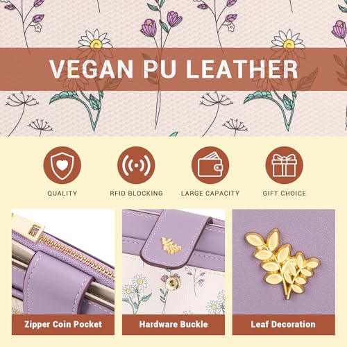 YINHEXI Women’s Wallet, Compact and Small Bifold PU Leather Card Holder, Mini Purse with Coin Pocket for Ladies, Girls (Floral Lavender) - color: Floral Lavender