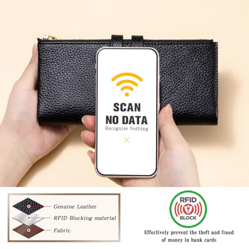 Large Capacity Wallets for Women Soft Leather RFID Blocking Long Wallet Ladies Bifold Clutch Purse Credit Card Holder with Double Zipper Pocket ID Window,Black - color: Black