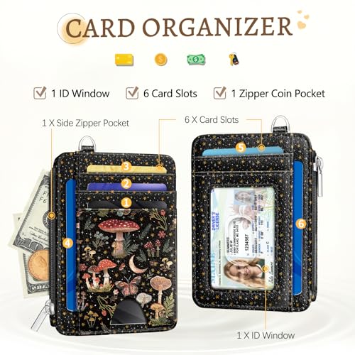 Kelvoris Credit Card Holder Small Wallet Women, Slim RFID, Mushroom Flower | Keychain, Zipper Coin Pocket, Front Pocket Thin Travel Card Case, Minimalist, 6 Card Slots, 1 ID Window, Ladies Gifts Woman - color: Mushroom