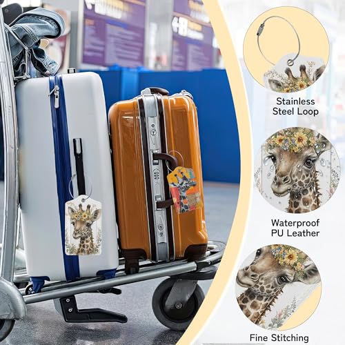 Cute Giraffe Luggage Tags for Suitcase,3 Pack Funny Luggage Tag Leather Privacy Cover ID Label with Stainless Steel Loop for Women Men - color: Cute Giraffe