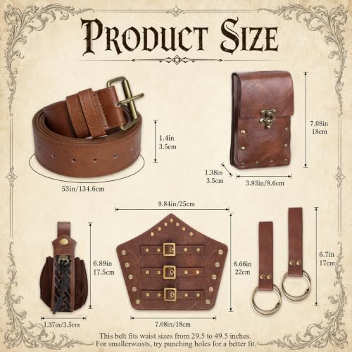 7PCS Renaissance Accessories Set | Including Medieval Belt with Belt Pouch, Coin Pouch, Leather Bracers & O-Ring Hangers for Halloween, LARP, Viking & Cosplay - color: Brown
