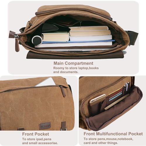 Vintage Messenger Bag 15.6 Inch Laptop for Men Women, Large Travel Crossbody Shoulder Purse Canvas Briefcase Work College - color: Coffee-upgrade