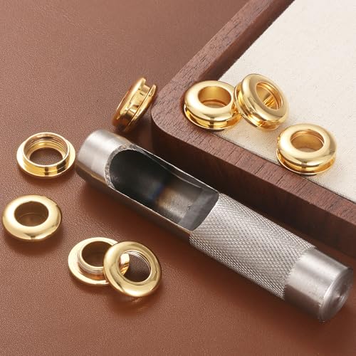 4 Sets Brass Grommets Kit Eyelets and Grommets 11mm Inside Hole Size with 16mm Leather Hole Punch Tool Handbag Purse Hardware Screw Grommets for Repair and Making Leather Crafts (Gold) - color: Gold