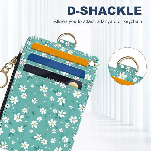 Slim Wallet Credit Card Holder, Green And White Floral Print, RFID Wallet Women Cute Small Front Pocket Wallet With Zipper, PU Leather Thin travel RFID Blocking Card Case ID Window ,Ladies Gifts - color: Green And White Floral Print