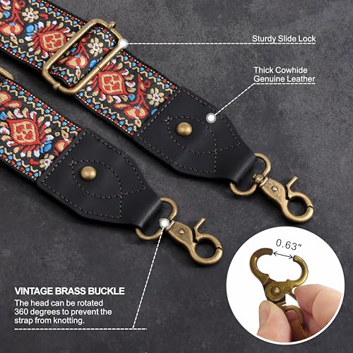 Nefelibata Purse Strap-2" Crazy Horse Leather Wide Shoulder Strap Adjustable Replacement,Retro knit Embroidery Multi-pattern Crossbody Bag Straps for Handbag,Crossbody Bags(Leather Red Embroidery) - color: Leather Red Flower Embroidery