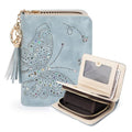 KITEVIUN Women RFID Blocking Small Bifold Wallet, Compact Cash Clutch with Zipper Coin Pocket, Glittery Butterfly Design, Credit Card Holder, Travel Purse with Tassel BLUE - color: 02-BLUE