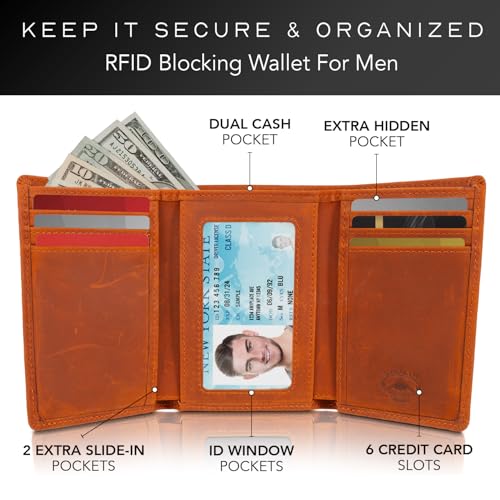 Stealth Mode Trifold Leather Wallet for Men with RFID Blocking (Clay) | Top Grain Napa Leather, 9 Card Slots, ID Window, Gift Box – Gift for Dad, Husband, or Son - color: Clay