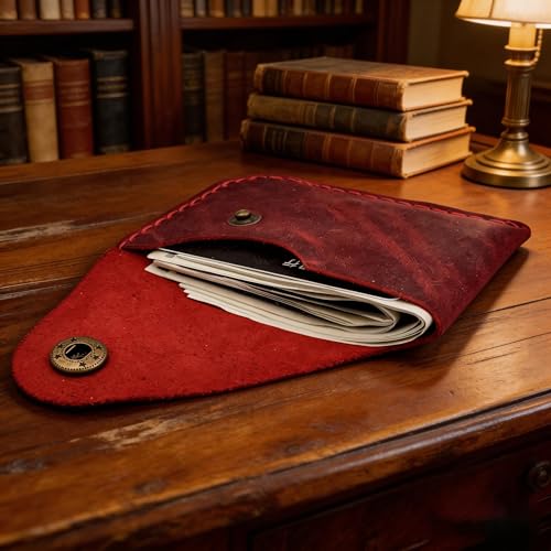 Handmade Genuine Leather Card Holder with Snap Closure - Ultra Slim Minimalist Wallet, Hand-Stitched Compact Front Pocket Card Case (Red) - color: Red